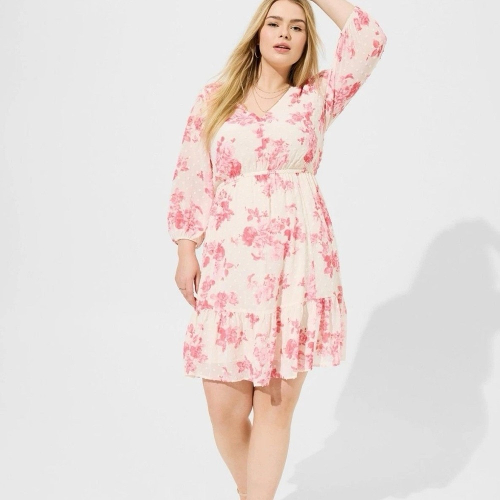 Torrid Pink Rose Floral Ivory Clip Dot Babydoll Chiffon 3/4 Sleeve Dress Size 2X